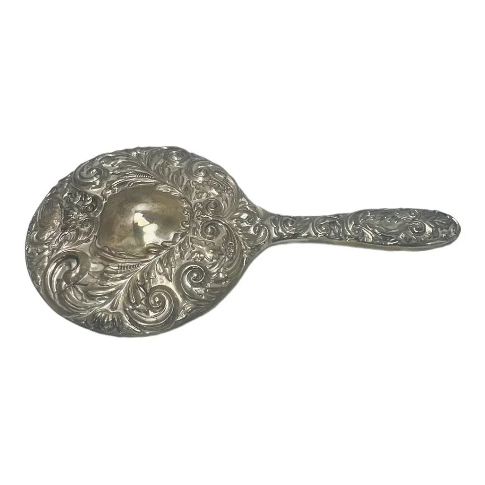 Antique Silver Plated Vanity Mirror, Embossed Handheld Mirror